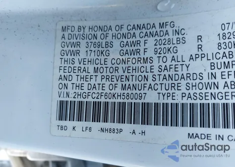 2019 Honda Civic Lx z USA, uszkodzony, nr VIN 2HGFC2F60KH580097